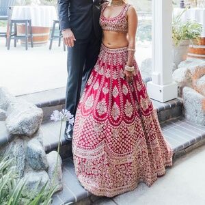 Bridal Lengha (lengha, choli, dupata, 2 necklaces pictured, earring and tikka)